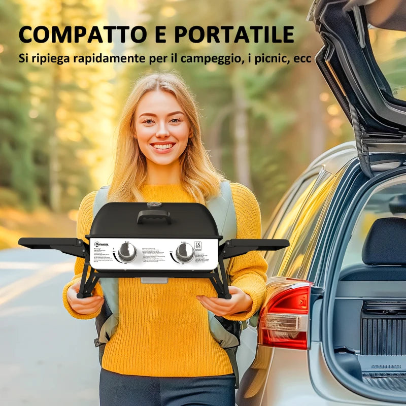 Outsunny Barbecue a Gas Portatile con 2 Bruciatori e Coperchio con Termometro, Nero