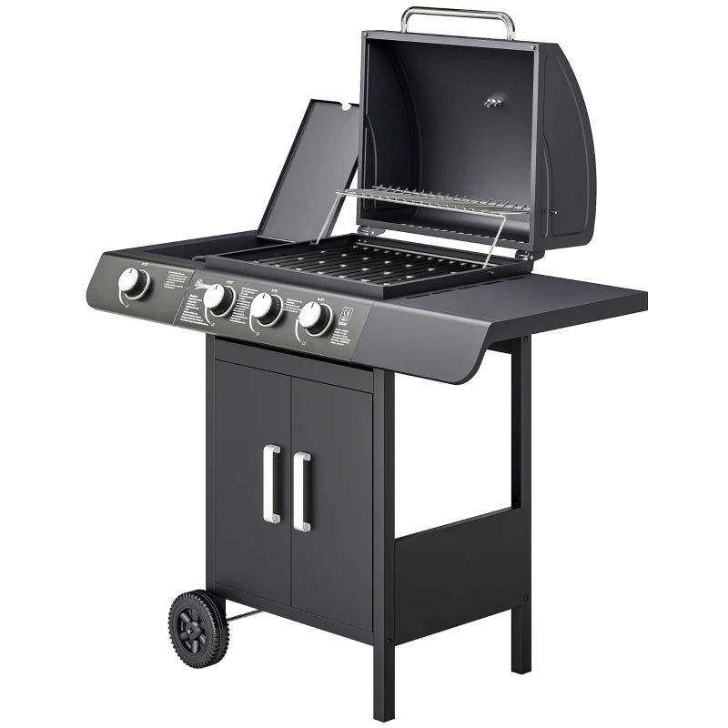 Outsunny Barbecue a Gas con Coperchio, 4 Bruciatori da 11.6kW, Fornello, Mensola e 2 Ruote, 110x50x100cm Nero