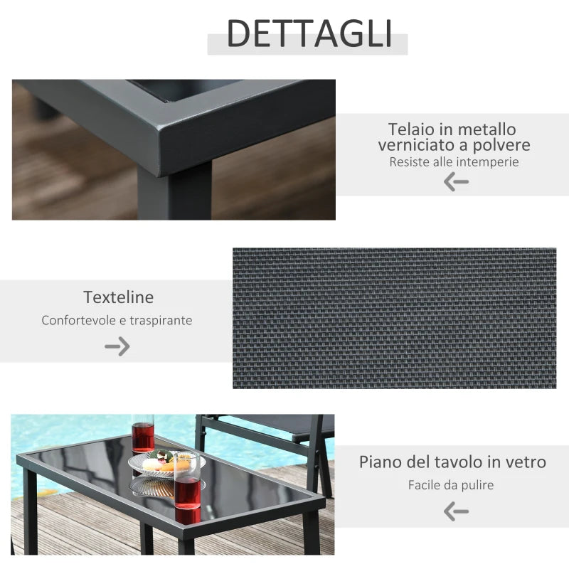 Outsunny Salotto da Esterno, Set 4 Pezzi con 1 Tavolino, 2 Sedie da Giardino e 1 Panca in Metallo, Nero