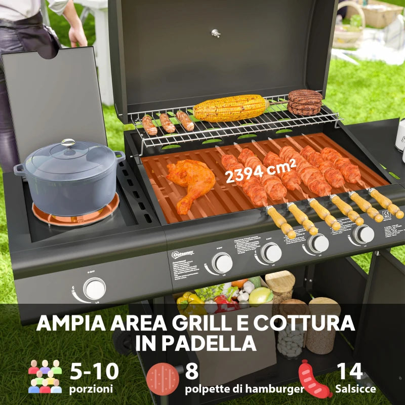 Outsunny Barbecue a Gas con Fornello Laterale, Tavolino e Armadietto, in Acciaio e PP, 129.5x56x110 cm, Nero