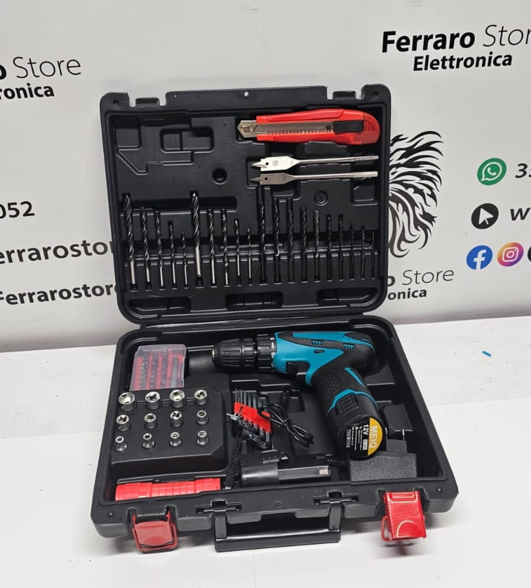 Trapano Avvitatore 77 pezzi, a Doppia Batteria, 12v, Valigetta Rigida