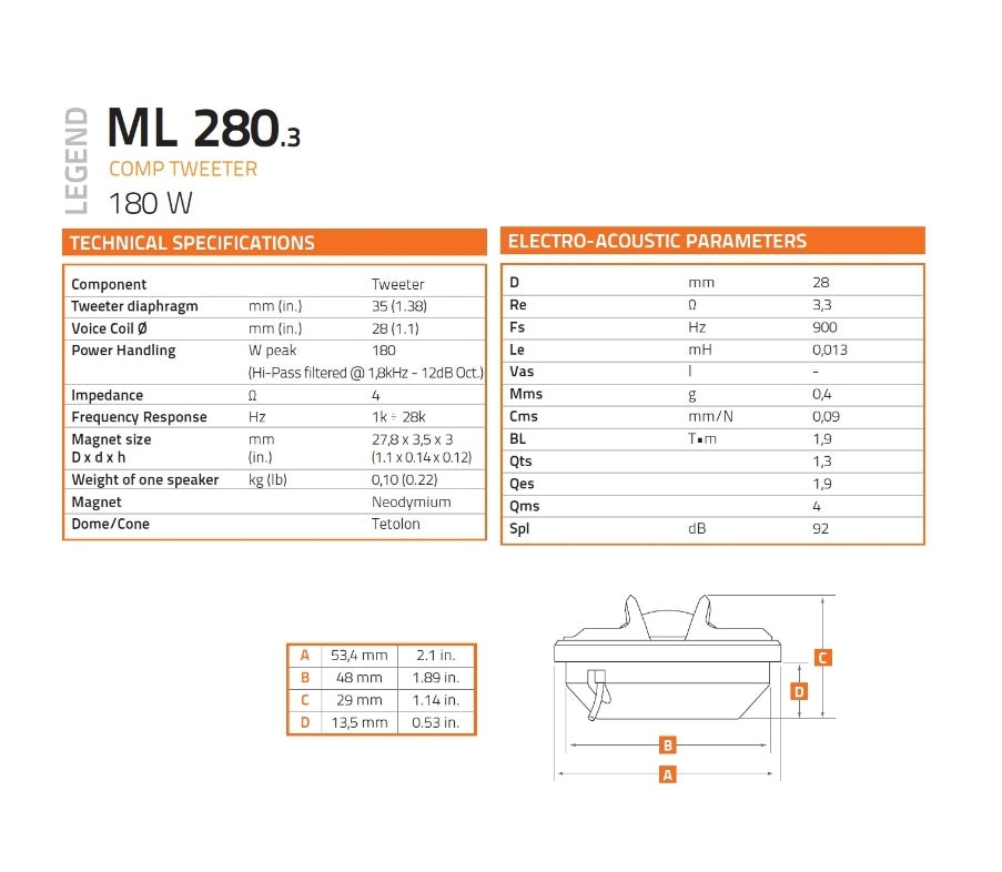 Hertz Coppia Tweeter, Legend ML 280.3 Neodimio Cupola 28mm, 180w
