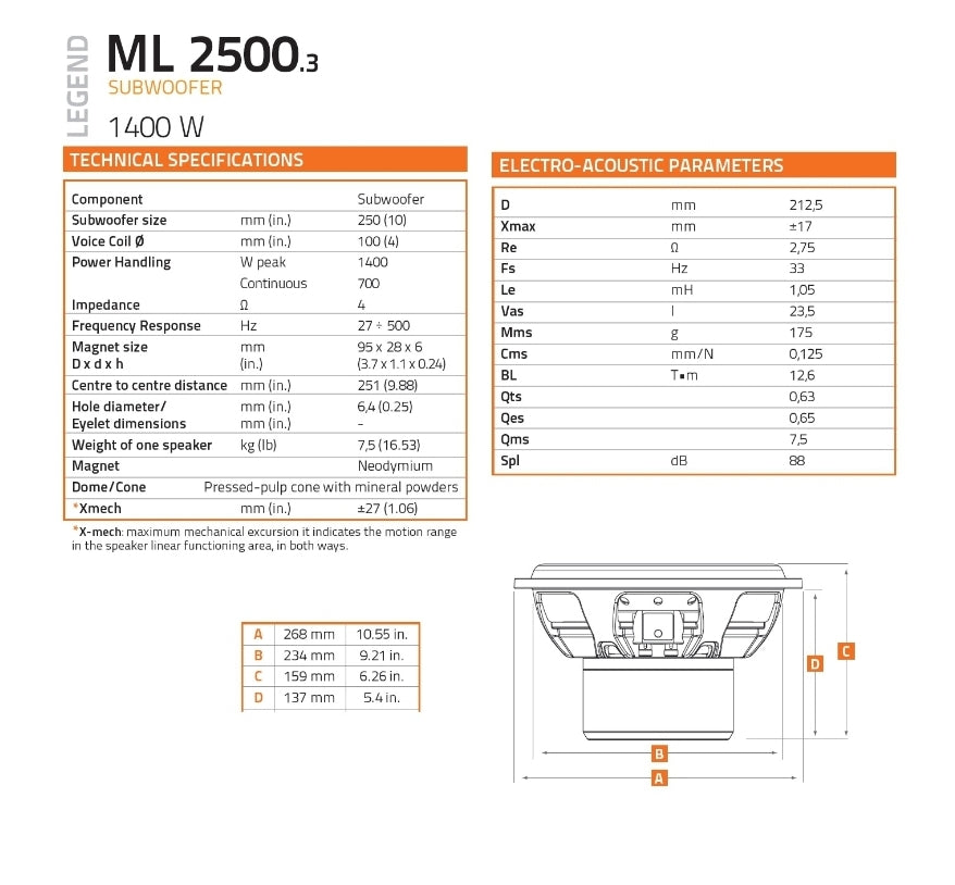 Hertz Subwoofer, Altoparlanti Sub Auto ML 2500.3, Mille Legend 2500, 250mm 25cm