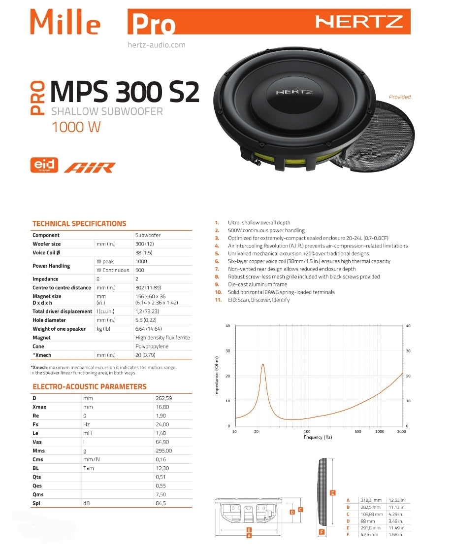 Hertz Subwoofer, Piatto, MPS 300 S2 Mille PRO 30cm, Altoparlanti Auto Sub 2 Ohm