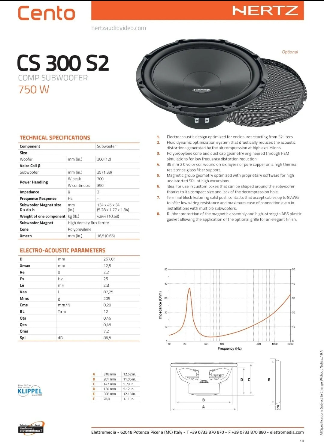Hertz CS 300 S2, Subwoofer 300mm, 700W 2 Ohm, Altoparlante Linea Cento