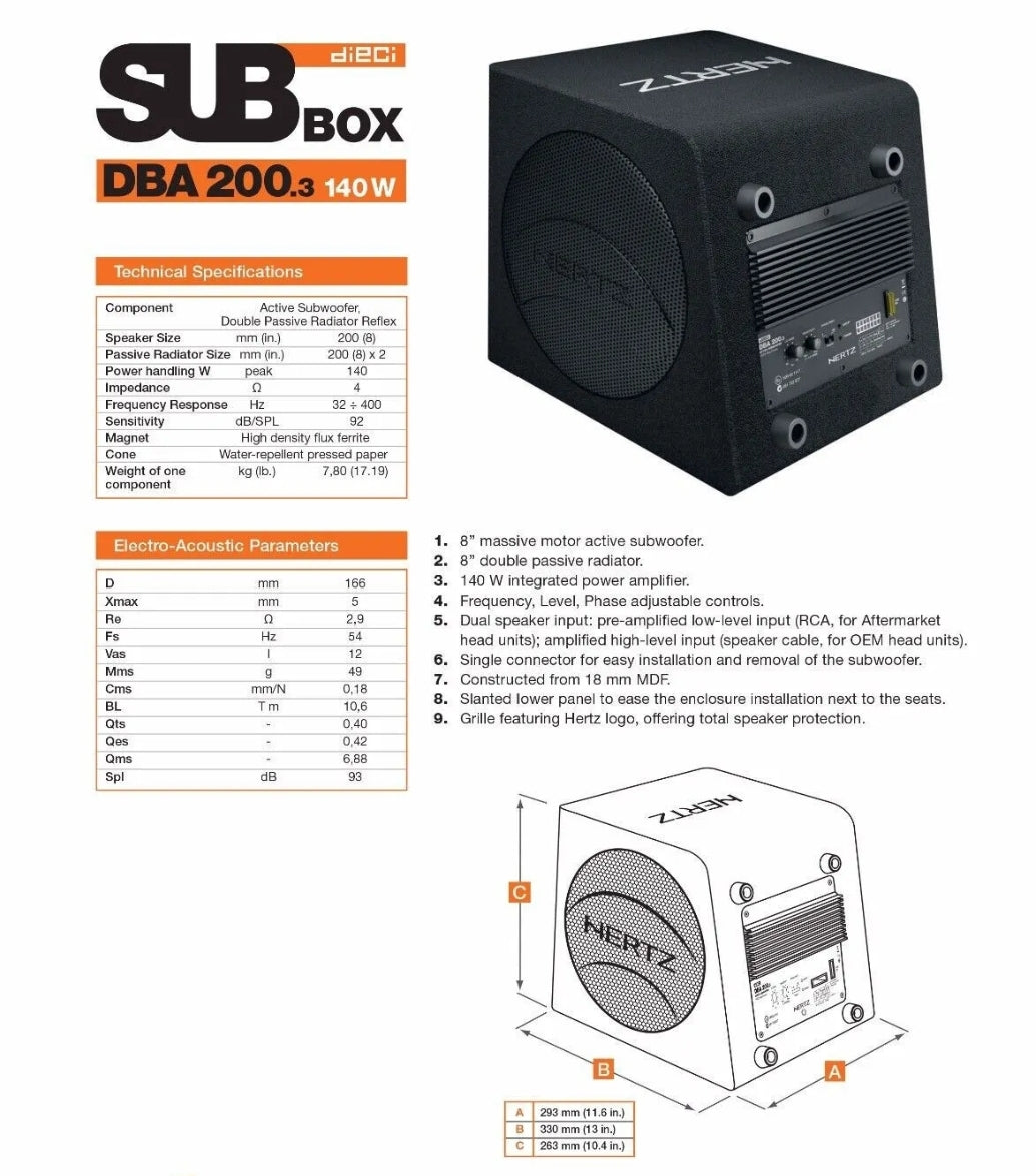 Hertz DBA 200.3 - Subwoofer Attivo/Amplificato, 140w, Linea DIECI