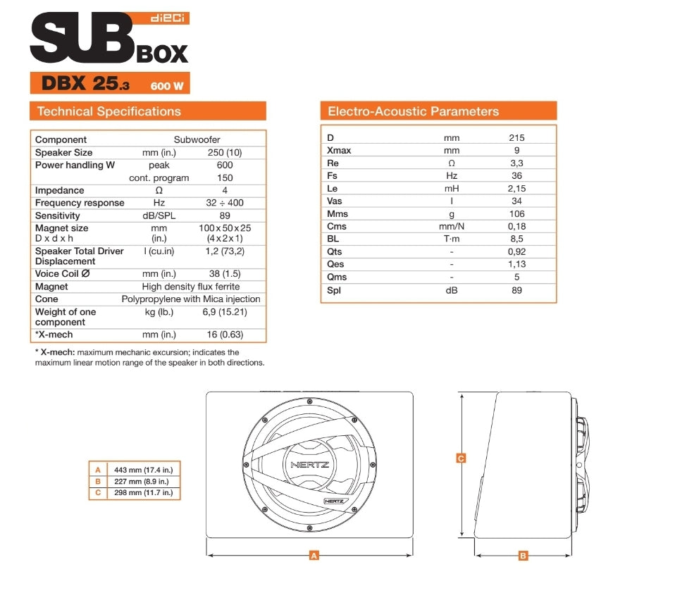 Hertz DBX 25.3, Subwoofer in Cassa, 250mm, 600w, 4 Ohm