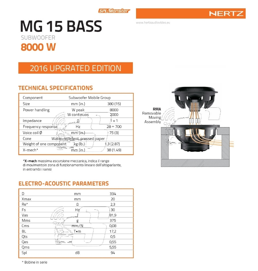 Hertz MG 15 BASS 2X1.0, Gruppo Mobile, 15" 8000w, 2x1 Ohm Cone