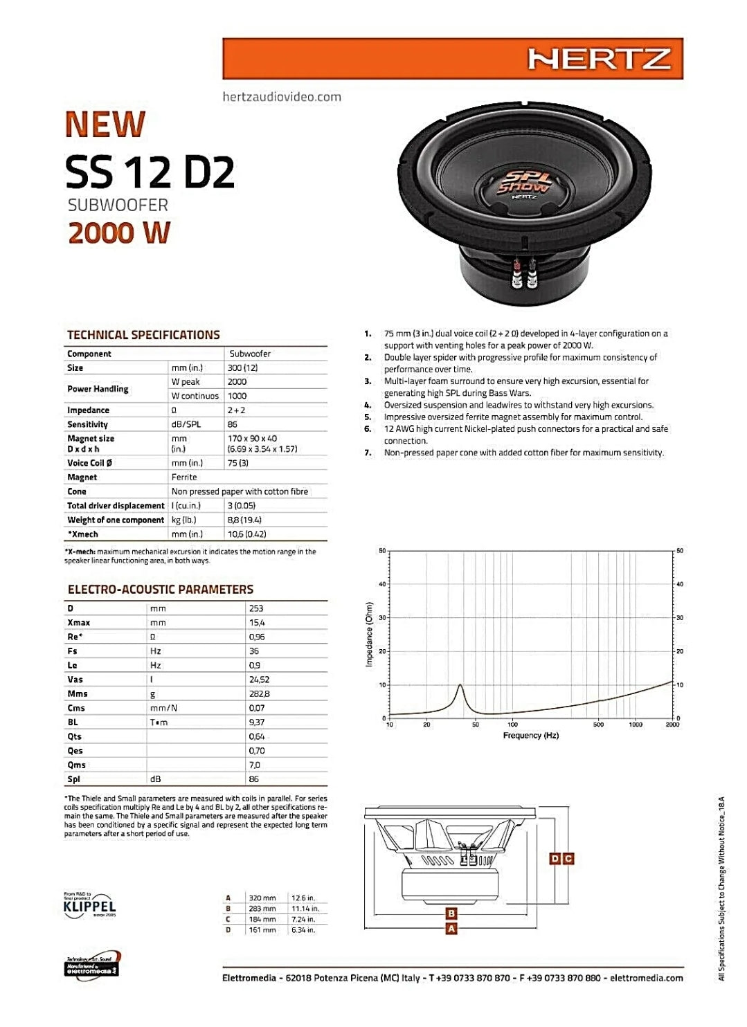 Hertz SS 12 D2, Subwoofer 300mm, 2000W Linea Spl Show Sub Doppia Bobina 2+2 Ohm