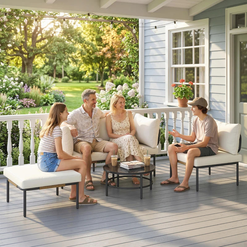 Outsunny Set da Giardino 5 Pezzi in Rattan Modulabile con Divano a L, Tavolino e Cuscini, Cachi