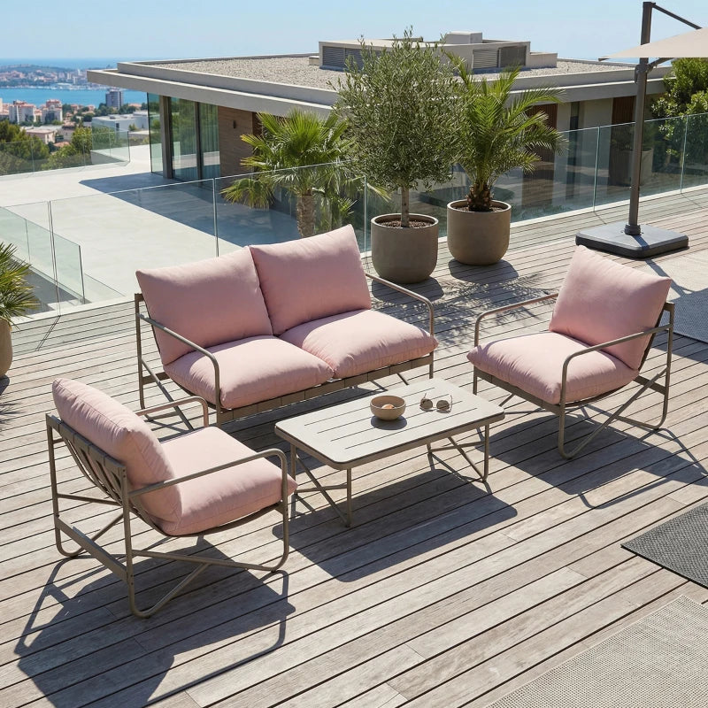 Outsunny Set da Giardino 4 Persone: Divanetto, Poltrone, Tavolo, Metallo, Rosa