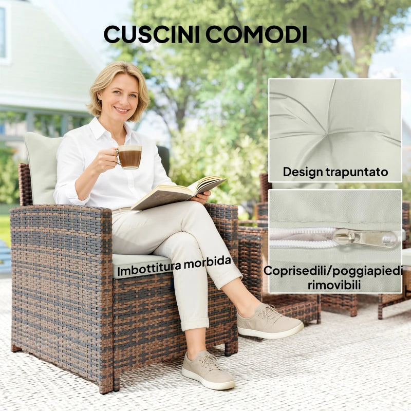 Outsunny Set da Esterno in Rattan e Acciaio 5pz con 2 Pouf, 2 Sedie e Tavolino da Caffè a 2 Livelli, Marrone e Crema