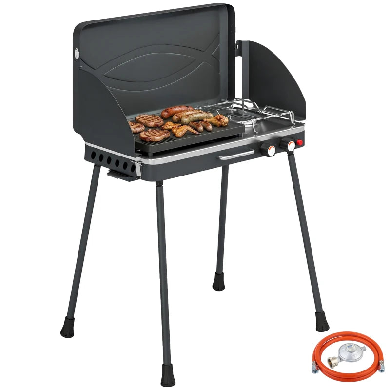 Outsunny BBQ a Gas Propano Portatile 2-in-1 con Griglia e Fornello, 7KW, Nero
