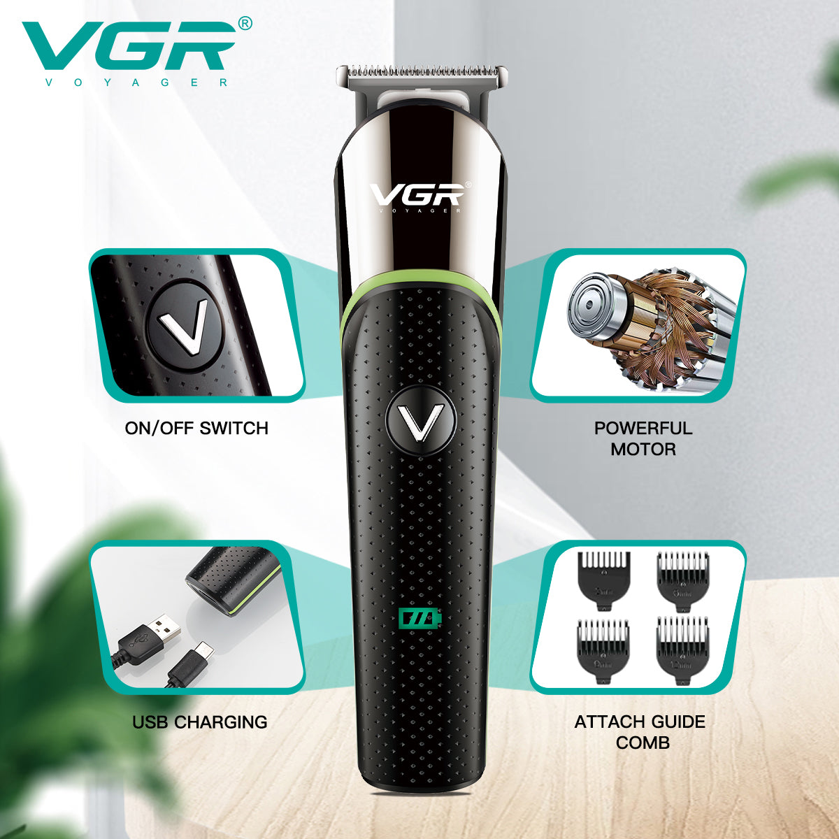 VGR Rasoio Professionale | Barba | Ricaricabile senza Fili | con Pettini Guida | USB | V-191