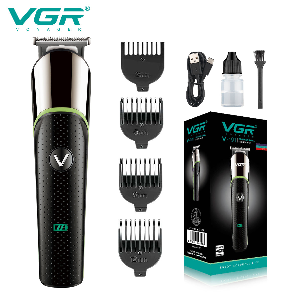 VGR Rasoio Professionale | Barba | Ricaricabile senza Fili | con Pettini Guida | USB | V-191