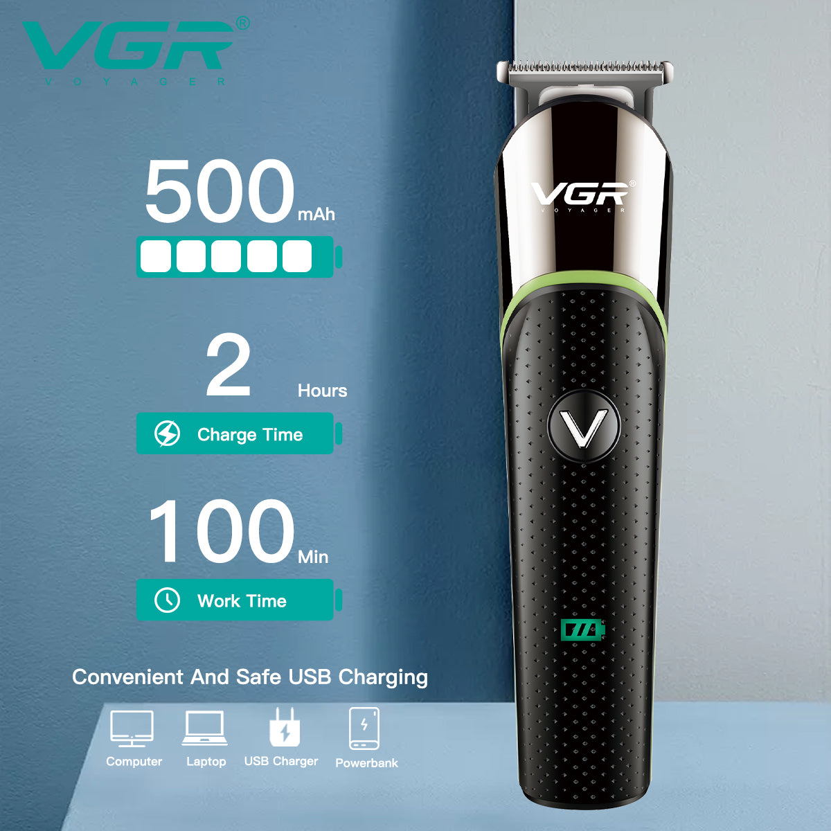 VGR Rasoio Professionale | Barba | Ricaricabile senza Fili | con Pettini Guida | USB | V-191