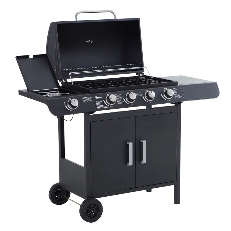 Outsunny Barbecue a Gas a 5 Fornelli con Ripiani Laterali e Armadietto, in Acciaio e PP, 125x51x100 cm, Nero