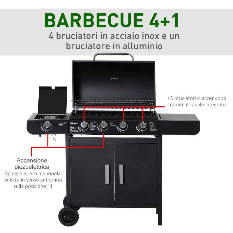 Outsunny Barbecue a Gas a 5 Fornelli con Ripiani Laterali e Armadietto, in Acciaio e PP, 125x51x100 cm, Nero