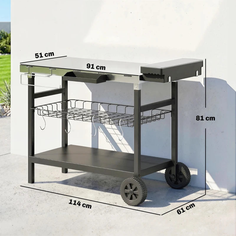 Outsunny Carrello Barbecue da Esterno con Piano in Acciaio Inossidabile, Porta Spezie, Ganci e Maniglia Laterale, Nero