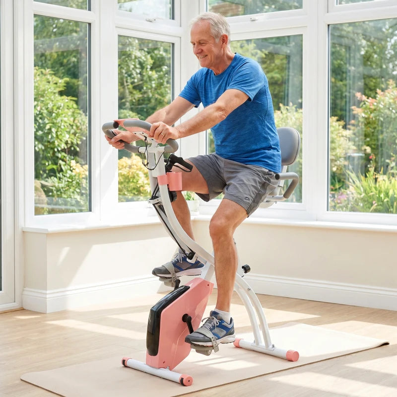 HOMCOM Cyclette Pieghevole 2 in 1, Resistenza Magnetica Regolabile 8 Livelli, Cyclette da Casa Silenziosa con Sensore Cardiaco, Sedile Regolabile, Bande Elastici, Schermo LCD, Ruote, Rosa