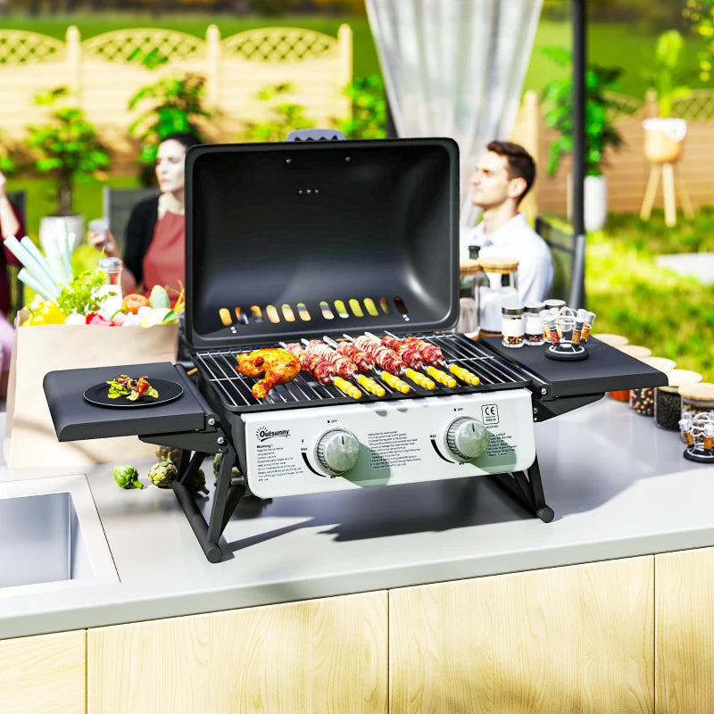 Outsunny Barbecue a Gas Portatile con 2 Bruciatori e Coperchio con Termometro, Nero