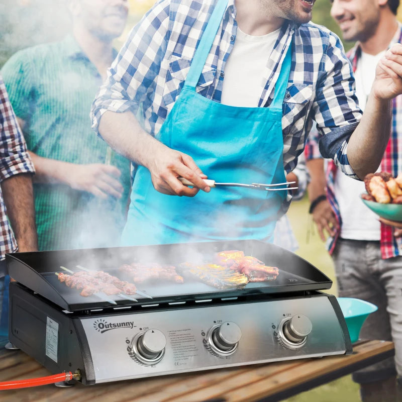 Outsunny Piastra Barbecue a Gas Antiaderente da Tavolo con 3 Bruciatori da 3kW, 62x46x21cm, Nero