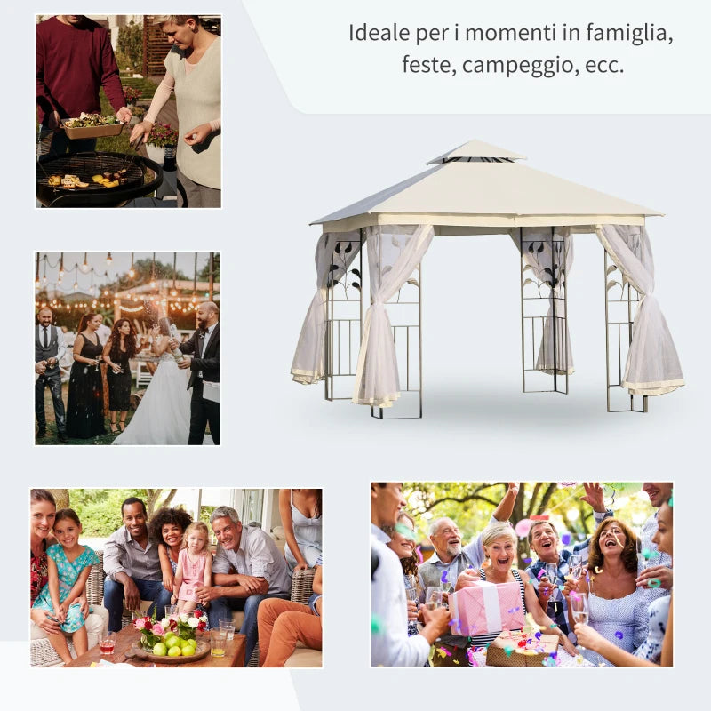 Outsunny Gazebo da Giardino 3x3m con Zanzariera, Telaio in Acciaio e Doppio Tettuccio, Bianco