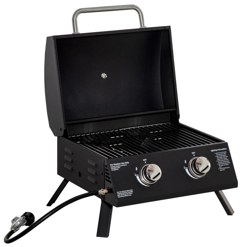 Outsunny Barbecue a Gas Pieghevole con Coperchio, Termometro e 2 Bruciatori in Acciaio, 55x46.5x41 cm, Nero