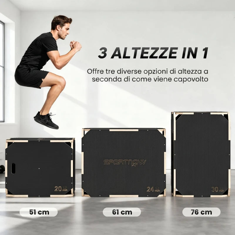 SPORTNOW Plyo Box in Legno 3 in 1, Box Pliometrico per Salti Antiscivolo con Maniglie per Allenamento in Casa Palestra, 76x61x51 cm, Nero
