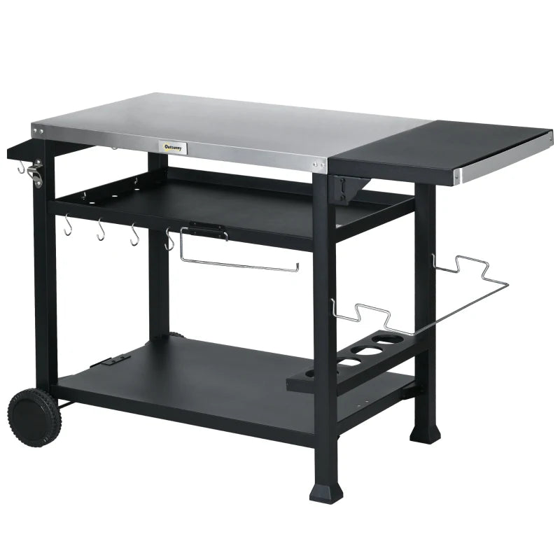 Outsunny Carrello Barbecue con Tavolino Pieghevole in Acciaio Inox, 2 Ruote e Accessori, 125x65x84 cm, Nero