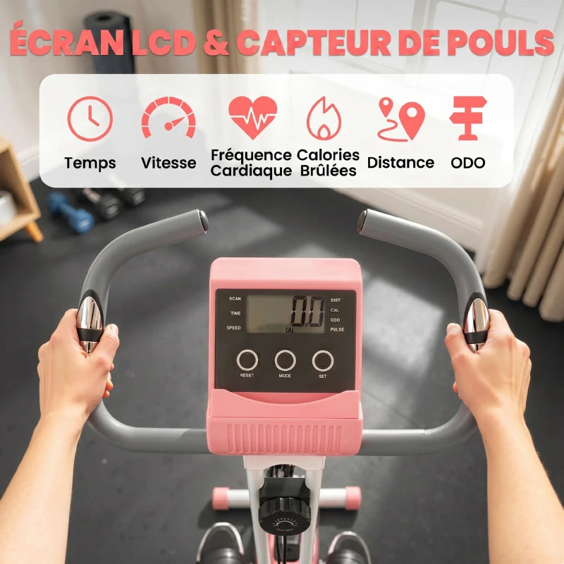 HOMCOM Cyclette Pieghevole 2 in 1, Resistenza Magnetica Regolabile 8 Livelli, Cyclette da Casa Silenziosa con Sensore Cardiaco, Sedile Regolabile, Bande Elastici, Schermo LCD, Ruote, Rosa