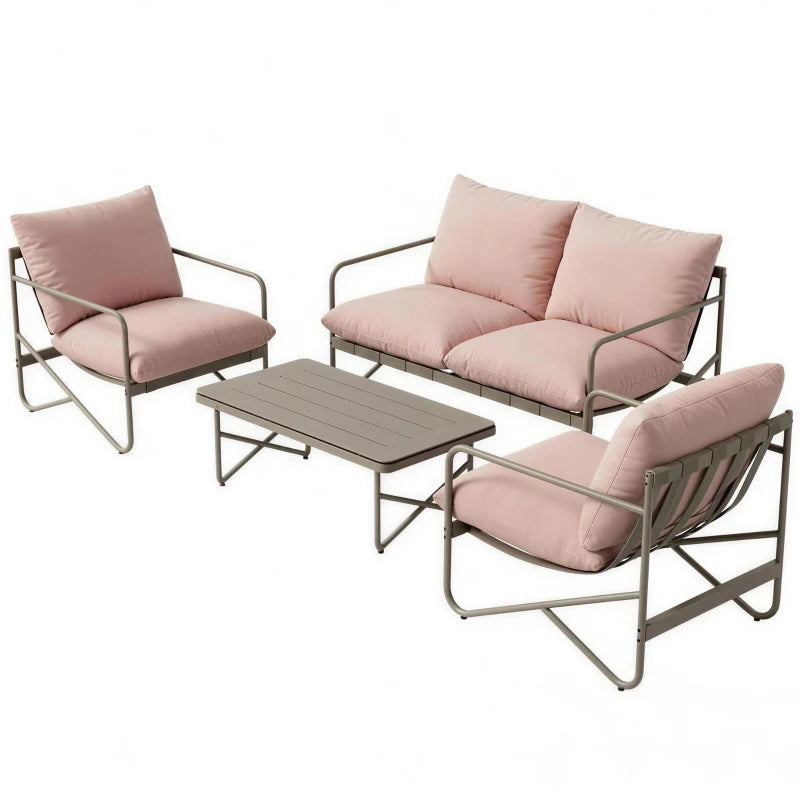 Outsunny Set da Giardino 4 Persone: Divanetto, Poltrone, Tavolo, Metallo, Rosa