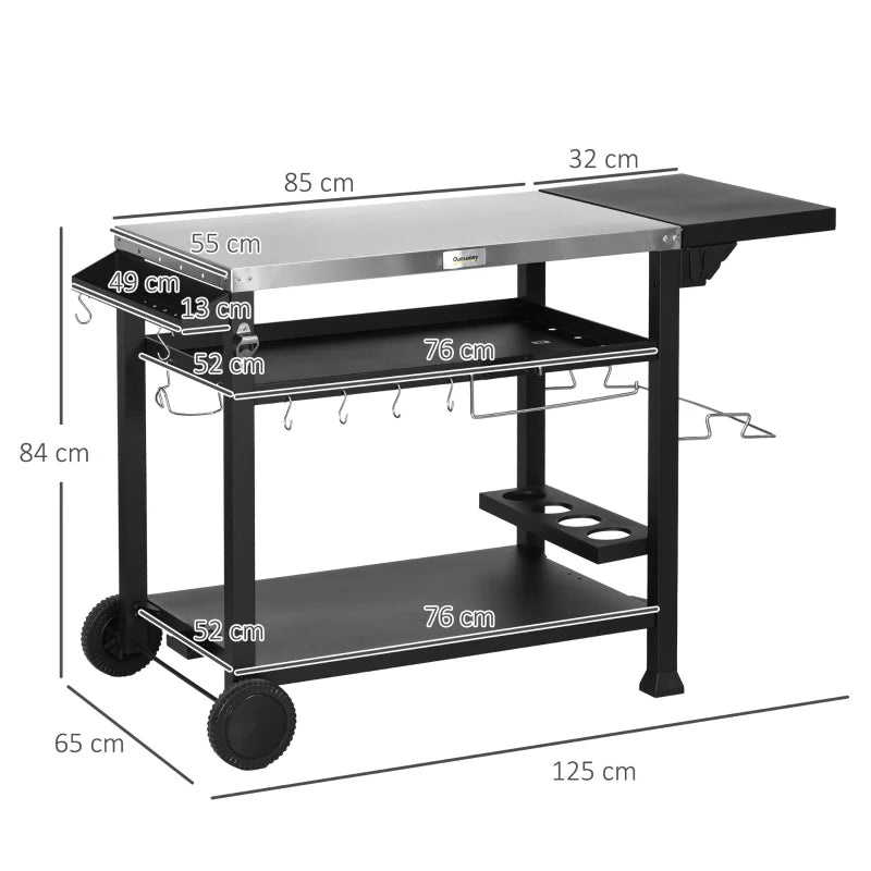 Outsunny Carrello Barbecue con Tavolino Pieghevole in Acciaio Inox, 2 Ruote e Accessori, 125x65x84 cm, Nero