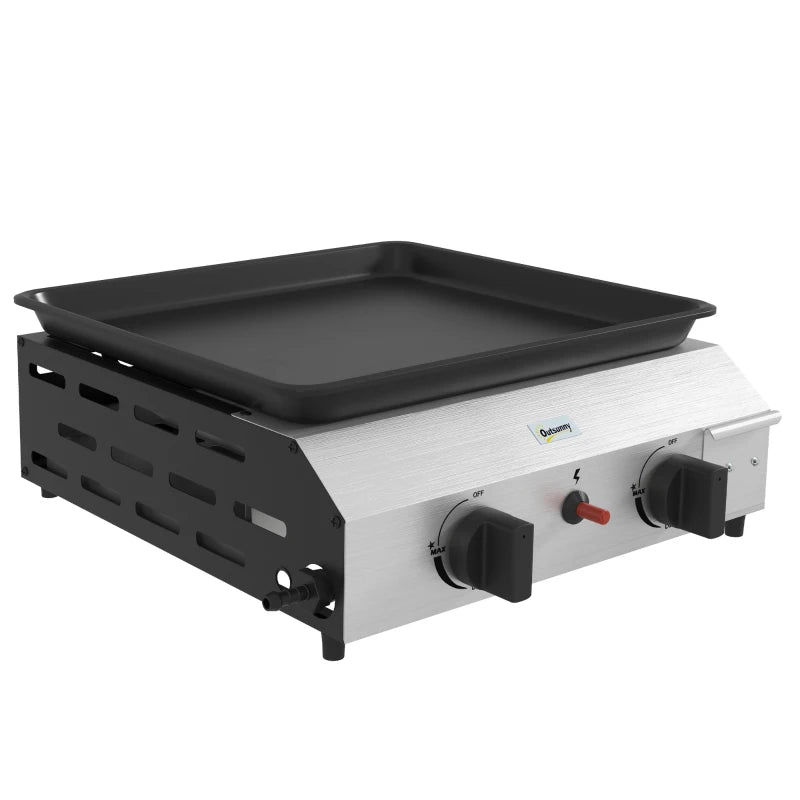 Outsunny Piastra Barbecue a Gas con 2 Bruciatori, Piano Antiaderente e Potenza 4.8kw, Argento