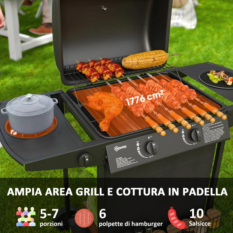 Outsunny Barbecue a Gas con 3 Bruciatori Indipendenti e Coperchio con Termometro, 108x54x97 cm, Nero