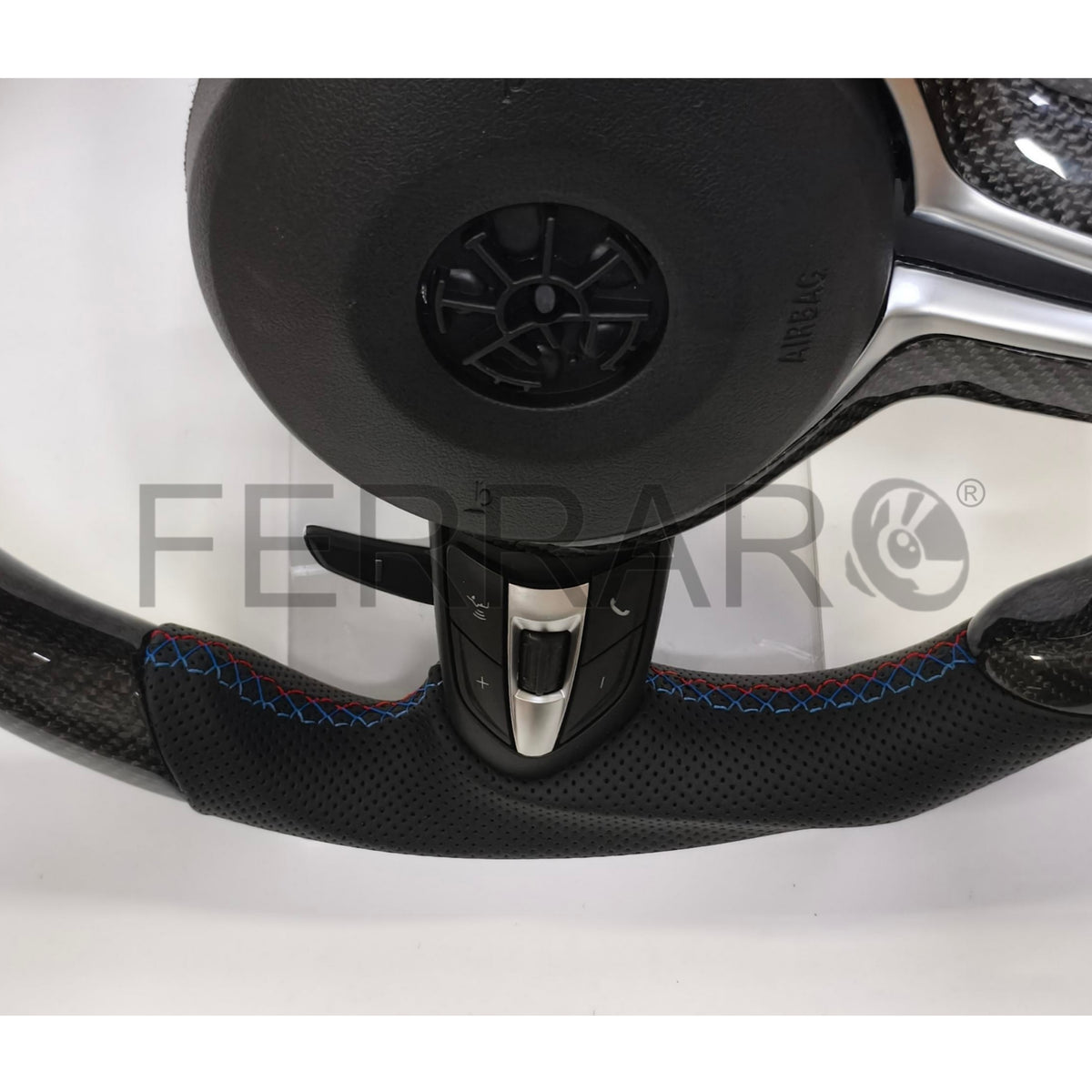 (PRENOTA) Volante per BMW, Carbonio, Etichetta Multicolore, Cromatura, Filo Multicolore