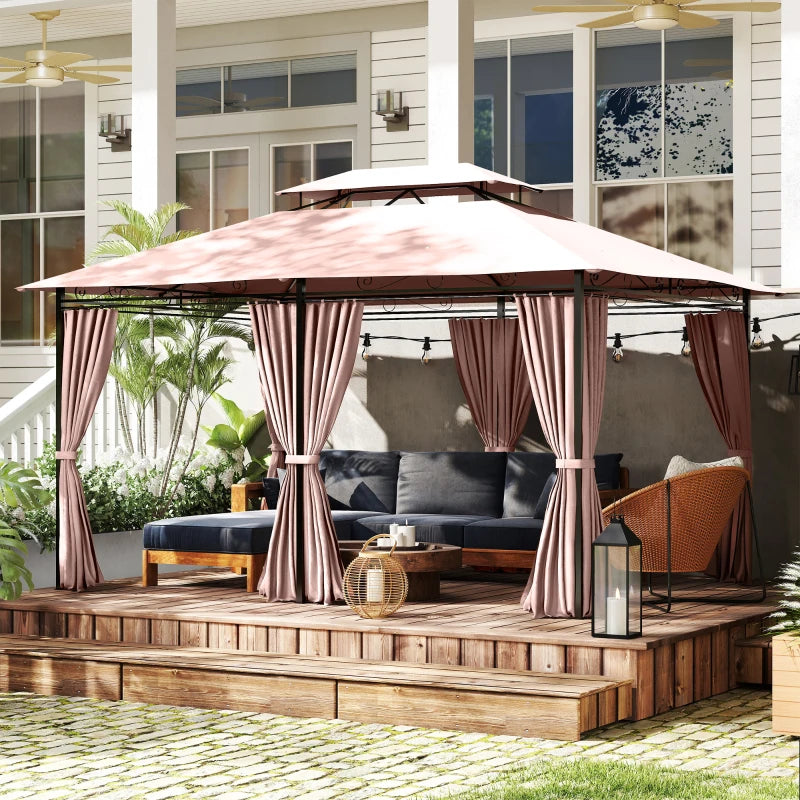 Outsunny Gazebo da Giardino 4x3m con Doppio Tetto e Tende Laterali in Acciaio e Poliestere, Color Cachi