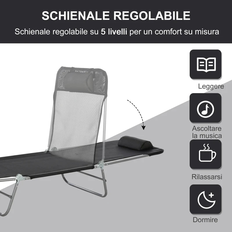 Outsunny Lettino Prendisole Pieghevole con Schienale Reclinabile e Cuscino, 182x56x24.5cm