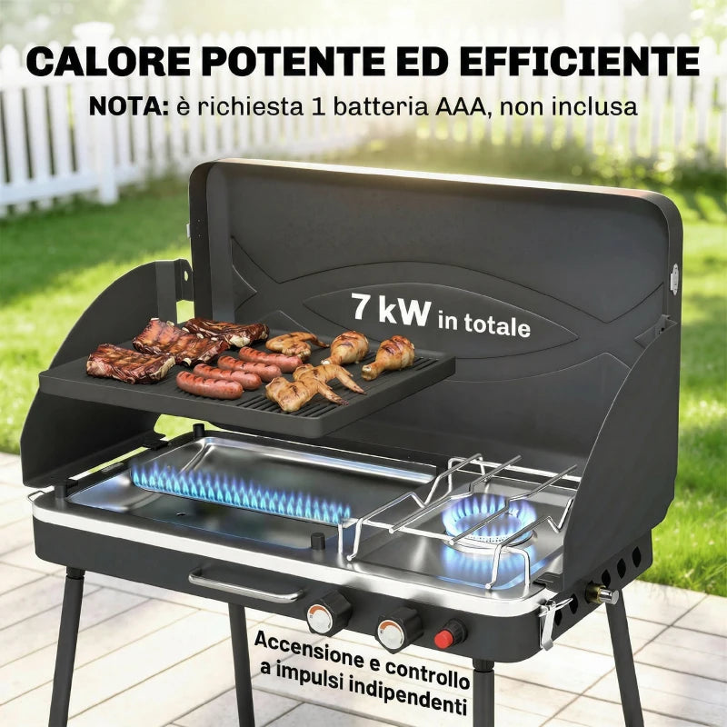 Outsunny BBQ a Gas Propano Portatile 2-in-1 con Griglia e Fornello, 7KW, Nero
