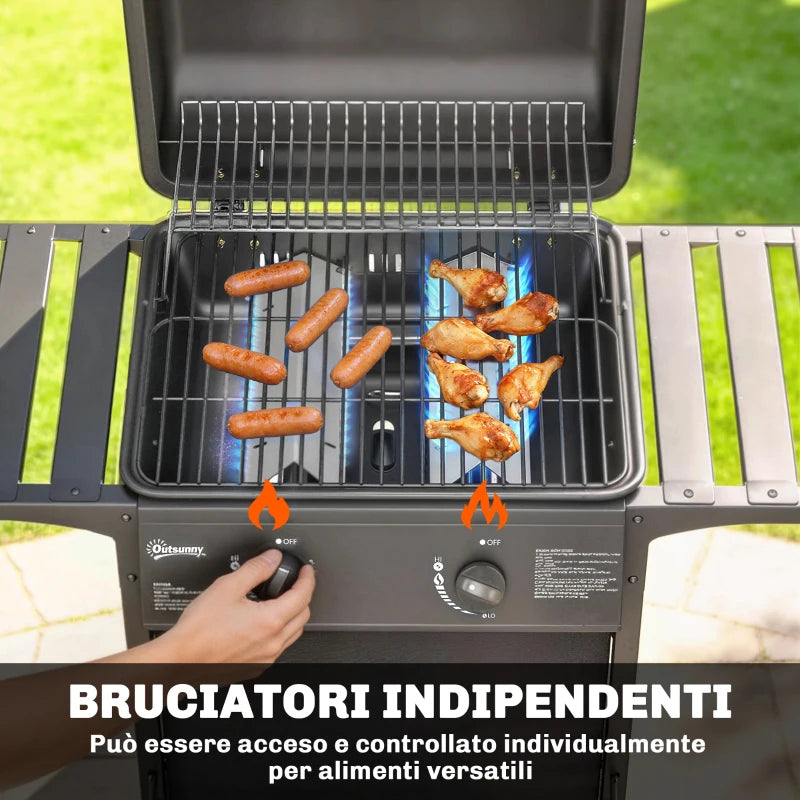 Outsunny Barbecue Gas, 2 Bruciatori, Tavolini Laterali, Vassoio Raccogli Grassi, Nero.