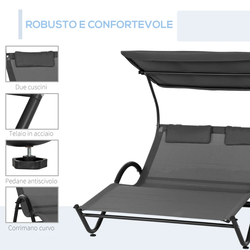 Outsunny Lettino Prendisole Reclinabile a 2 Posti con Ruote, Poggiatesta Imbottito e Tetto, 200x137x138 cm, Grigio