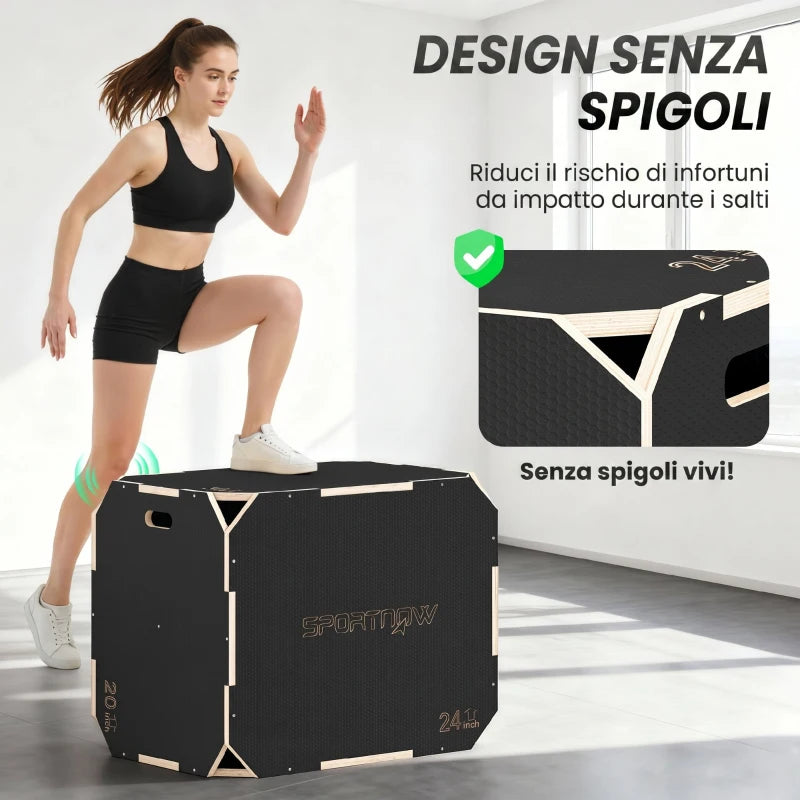 SPORTNOW Plyo Box in Legno 3 in 1, Box Pliometrico per Salti Antiscivolo con Maniglie per Allenamento in Casa Palestra, 76x61x51 cm, Nero