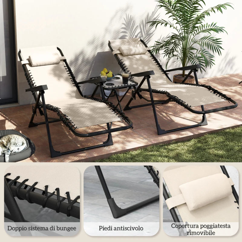 Outsunny Set 2 Sedie Sdraio a Gravità Zero Pieghevoli con Schienale Regolabile e Tavolino, Beige
