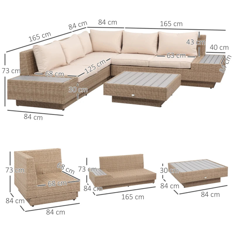 Outsunny Set da Giardino 4 Pezzi in Rattan, Divano Angolare con Cuscini e Tavolini, Nero e Marrone chiaro