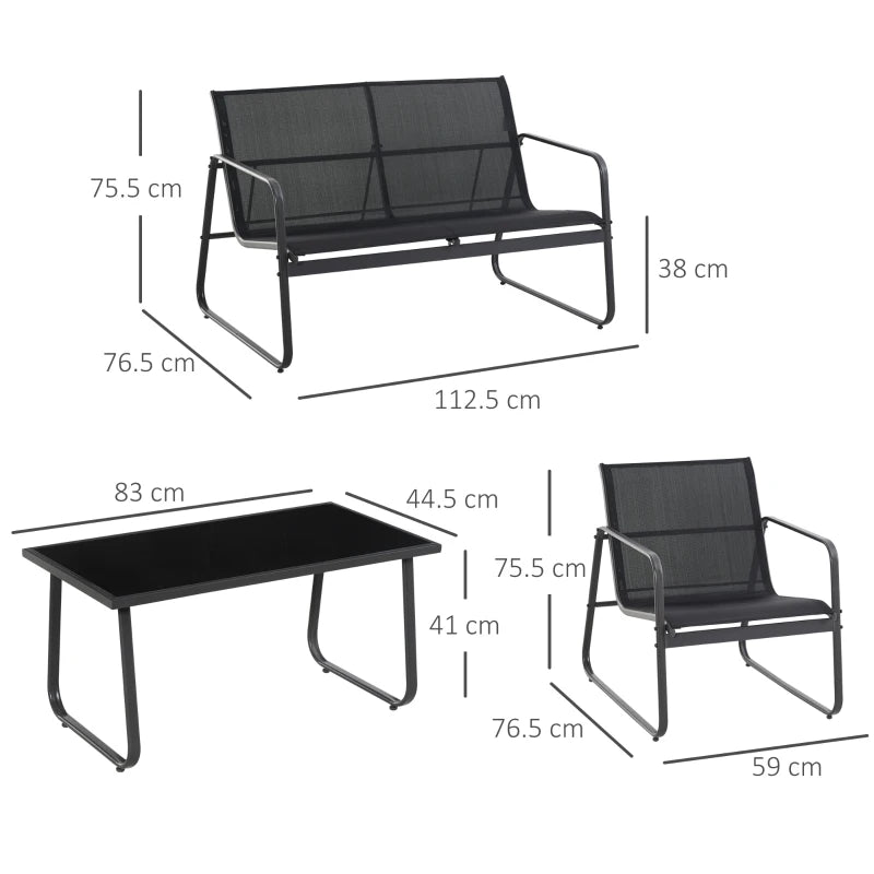 Outsunny Set Salotto da Giardino da 4 Pezzi, con Divanetto da Esterno a 2 Posti, 2 Sedie e Tavolo da Caffè in Vetro Temperato, Set di Mobili da Giardino in Metallo e Texteline, Nero
