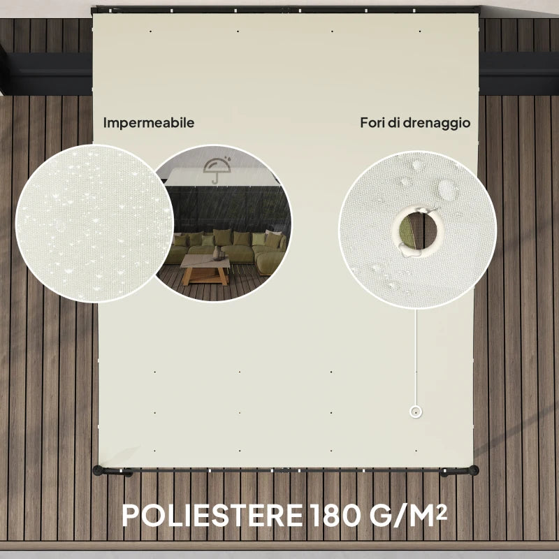 Outsunny Pergola Addossata Ricurva con 16 Fori di Drenaggio, in Metallo e Poliestere, 248x298x200/250 cm, Bianco Crema
