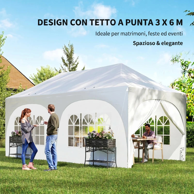 Outsunny Gazebo da Giardino Pieghevole 3x6 m con Pareti Rimovibili e Borsa di Trasporto, Bianco