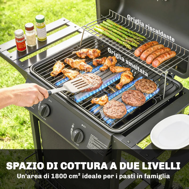 Outsunny Barbecue Gas, 2 Bruciatori, Tavolini Laterali, Vassoio Raccogli Grassi, Nero.