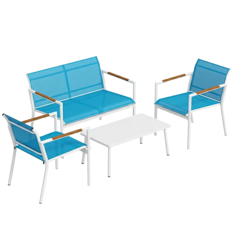 Outsunny Set Giardino 4 Posti Divano, Poltrone, Tavolo in Metallo, Blu.
