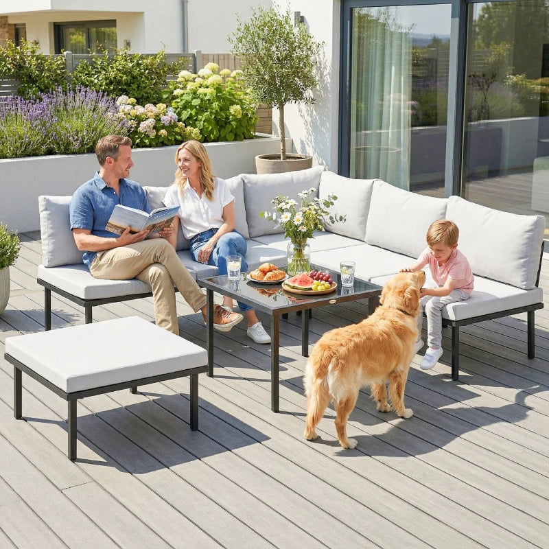 Outsunny Set Mobili Giardino Metallo 6 Persone, Divano Angolare Cuscini, Grigio Chiaro